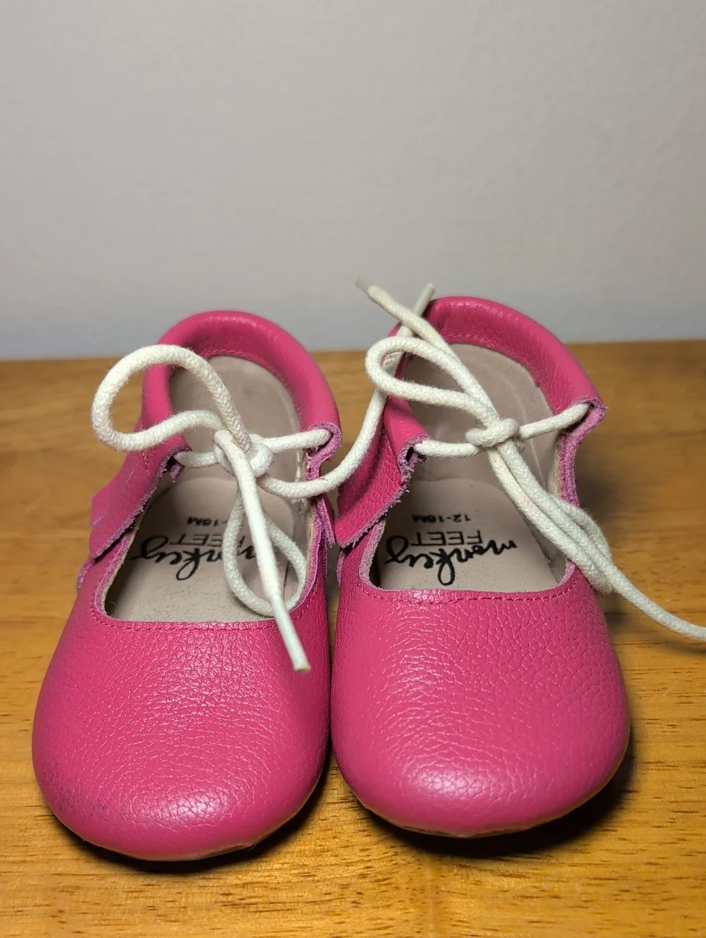 Monkey Feet Pink Leather Moccasins with Fringe White Laces Girls Size 12-18M